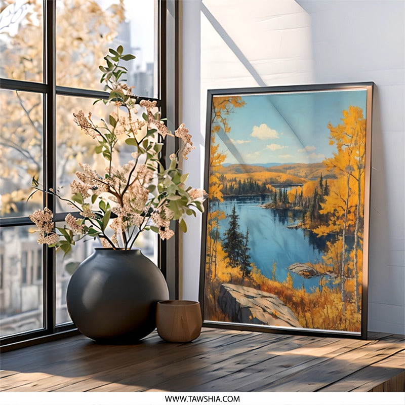 Autumn Lake Wall Art, Golden Forest Print, Landscape Painting, Nature Scene Decor, Home Decor Wall Art - Tawshia