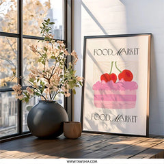 Food Market Wall Art, Cherry Cake Poster, Kitchen Print, Foodie Decor, Dessert Illustration, Sweet Treat Artwork, Modern Wall Decor - Tawshia