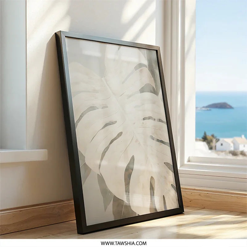 Monstera Leaf Wall Art, Beige Botanical Print, Tropical Home Decor, Boho Plant Art, Large Leaf Painting, Nature Inspired Artwork - Tawshia