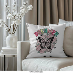 Dreamer Butterfly Pillow, Leopard Print, Floral Accent Pillow, Motivational Throw Pillow, Unique Home Decor, Decorative Butterfly Pillow - Tawshia