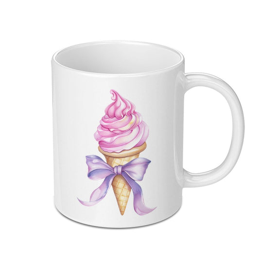 Ice Cream Cone Mug, Pink Treat Mug, Dessert Lover Gift, Cute Bow Mug, Sweet Design Coffee Cup, Watercolor Mug, Food Mug, Gift for Her - Tawshia