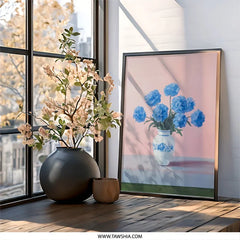 Blue Flowers Still Life Wall Art, Floral Painting Print, Vase Art Print, Contemporary Art, Home Decor, Pink and Blue Art, Modern Floral Art - Tawshia