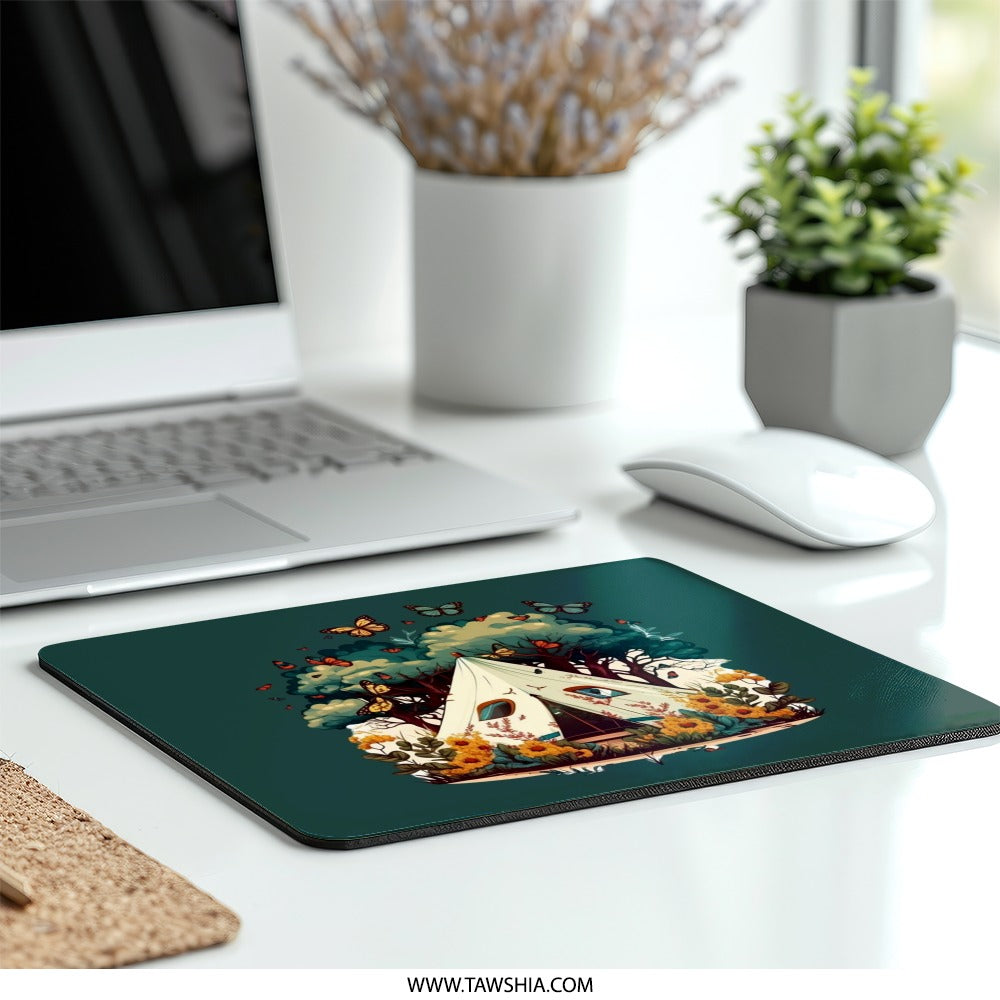 Camping Tent Mouse Pad, Butterfly Mousepad, Nature Lover Gift, Forest Adventure, Unique Desk Decor, Office Accessory, Computer Mat - Tawshia