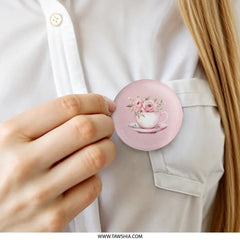 Pink Roses Teacup Pinback Button, Floral Button, Tea Party Favor, Flower Badge, Cute Accessory, Botanical Pin, Romantic Gift, Party Pin - Tawshia