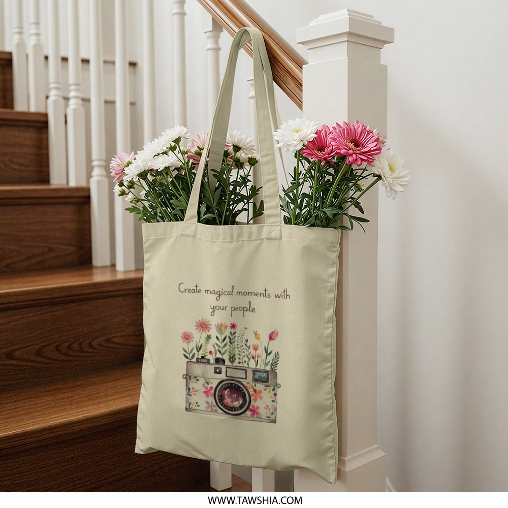 Floral Camera Tote Bag, Botanical Photography Tote, Magical Moments Bag, Artsy Gift, Cute Tote Bags, Everyday Bag, Gifts for Her - Tawshia