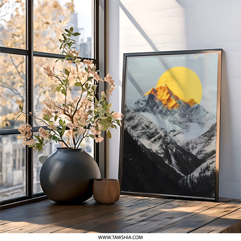 Mountain Sunset Wall Art, Nature Landscape Print, Golden Sun Peak, Minimalist Decor, Scenic View, Home Decor, Office Art - Tawshia