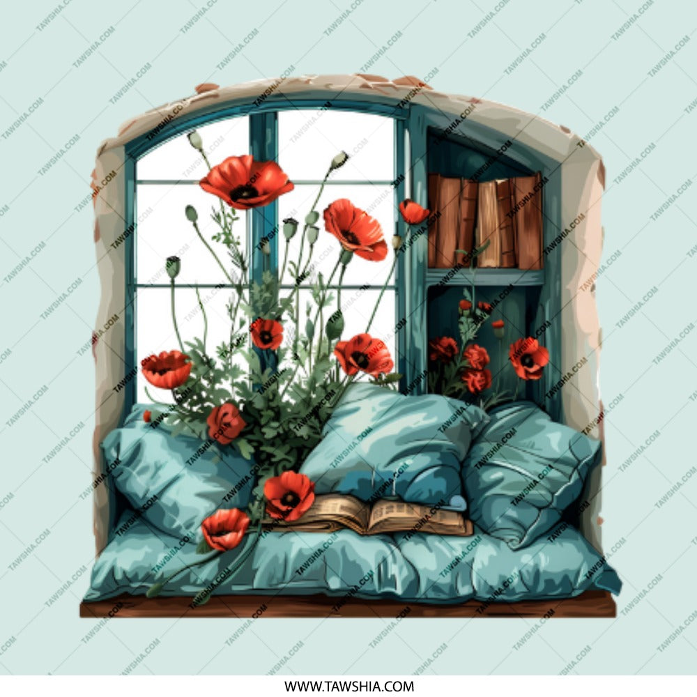 Window Poppies Pinback, Reading Nook Pin, Book Lover Button, Floral Pin, Cozy Aesthetic Pinback, Floral Pinbacks, Literary Gift - Tawshia