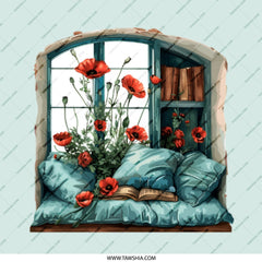 Window Poppies Pinback, Reading Nook Pin, Book Lover Button, Floral Pin, Cozy Aesthetic Pinback, Floral Pinbacks, Literary Gift - Tawshia