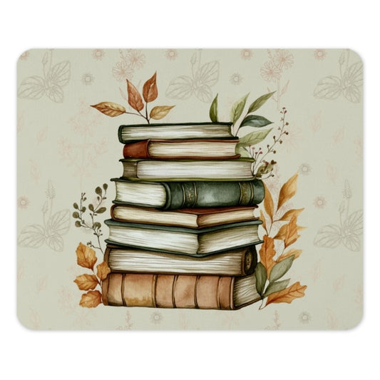 Stacked Books MousePad, Autumn Leaves, Vintage Book Lover Gift, Watercolor Books Art, Library Decor MousePad, Desk Accessories - Tawshia