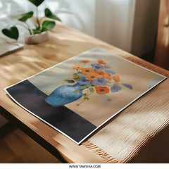 Floral Photographic Print, Vase of Flowers Wall Art, Orange Blue Flowers Print, Botanical Home Decor, Flower Photography - Tawshia