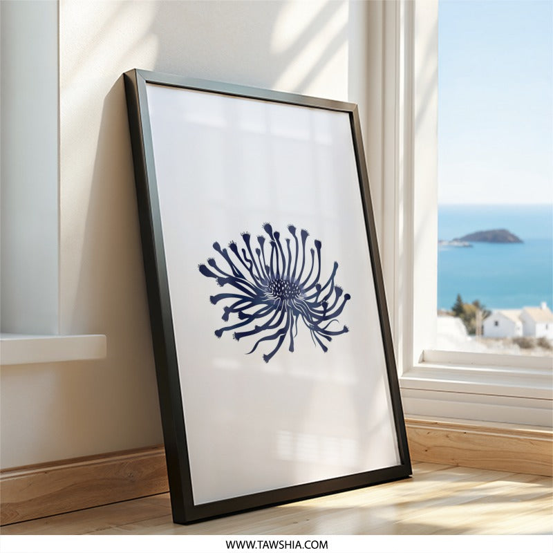 Sea Urchin Wall Art, Navy Blue Artwork, Ocean Inspired Prints, Abstract Marine Decor, Unique Home Decor, Minimalist Design - Tawshia