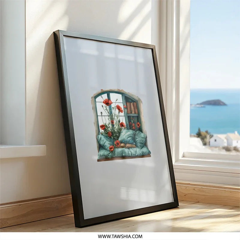 Poppies by Window Framed Wall Art, Cozy Reading Nook Art, Botanical Home Decor, Floral Window Seat Artwork, Book Lover Gift, Home Decor - Tawshia