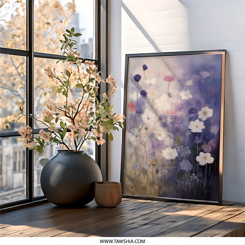 Floral Field Wall Art, Flower Painting Print, Botanical Art Print, Purple Flower Wall Decor, Home Decor Art, Nature Wall Hanging - Tawshia