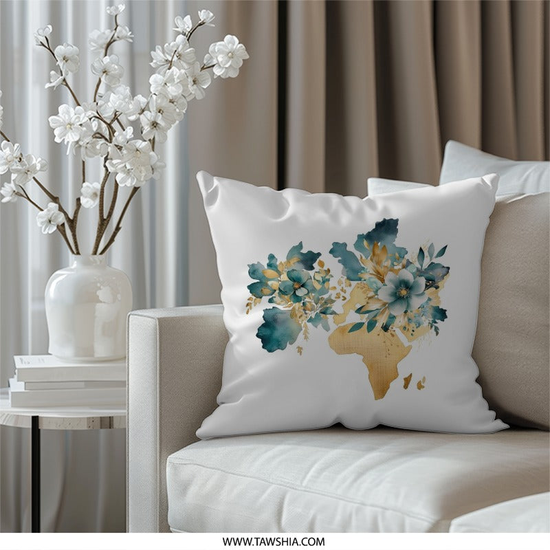 Floral World Map Pillow, Teal Gold Accent, Decorative Throw Cushion, Stylish Home Decor, Elegant Pillow, Unique Design, Accent Pillow - Tawshia