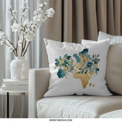 Floral World Map Pillow, Teal Gold Accent, Decorative Throw Cushion, Stylish Home Decor, Elegant Pillow, Unique Design, Accent Pillow - Tawshia