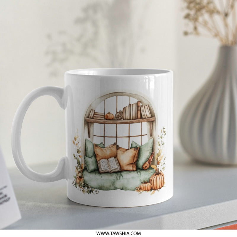 Cozy Reading Nook Mug, Fall Decor, Autumn Vibes, Pumpkin Spice, Book Lover Gift, Window Seat Mug, Literary Mug, Home Decor, Warm Drink Mug - Tawshia
