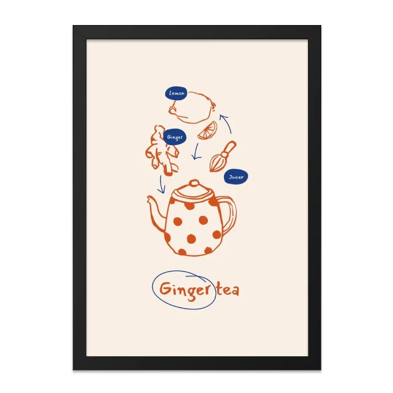 Ginger Tea Recipe Wall Art, Kitchen Decor Art, Drink Recipe Art, Lemon Ginger Art, Teapot Wall Art, Healthy Drinks Wall Art - Tawshia