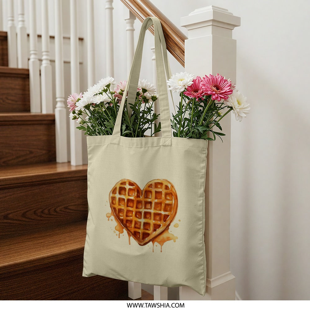 Waffle Heart Tote Bag, Foodie Bag, Breakfast Lover Gift, Unique Grocery Bag, Sweet Treat Bag, Valentine's Day Present, Everyday Bag, Cute - Tawshia