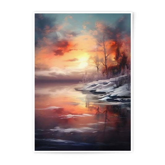 Winter Sunset Photographic Print, Landscape Art, Snowy Lake Reflection, Wall Decor, Nature Photography - Tawshia