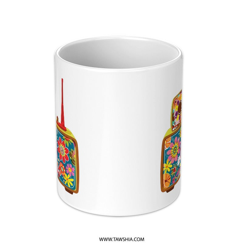Retro Radio Mug, 70s Flower Power, Hippie Aesthetic Coffee Cup, Groovy Vintage Inspired Design, Unique Gift for Music Lovers - Tawshia