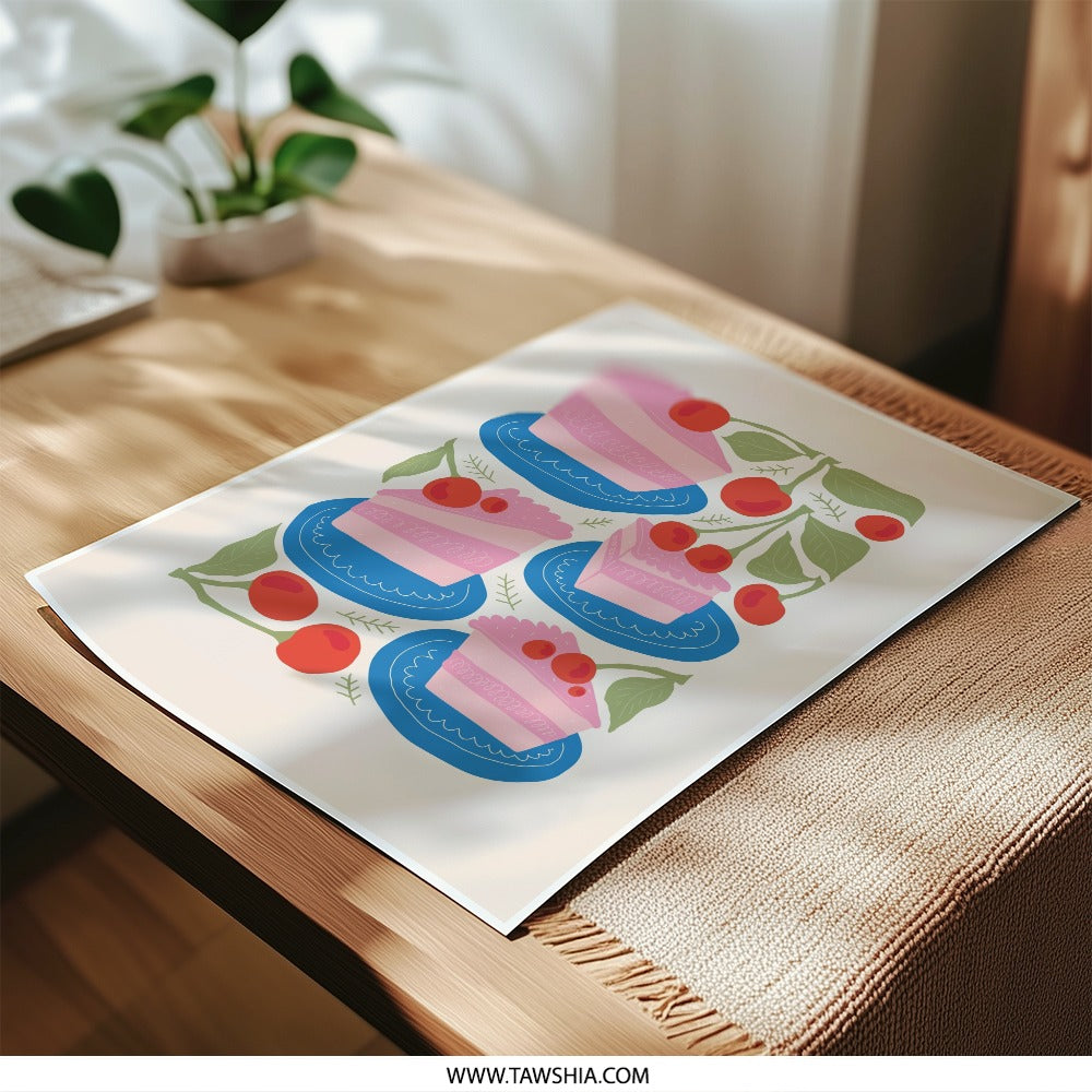 Cherry Cake Photographic Print, Food Art Print, Dessert Illustration, Modern Kitchen Decor, Sweet Treat Wall Art - Tawshia