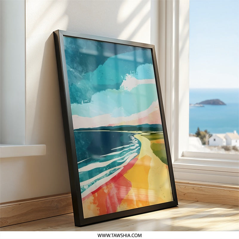 Abstract Beach Painting, Coastal Wall Art, Seascape Print, Modern Art Decor, Beach House Art, Ocean View, Home Decor, Framed Wall Art - Tawshia