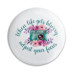 Adjust Your Focus Pinback Button, Floral Camera Badge, Inspirational Quote Button, Photographer Gift, Unique Lapel Pin, Cute Button - Tawshia