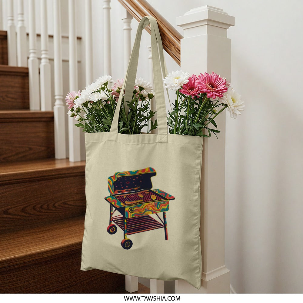 Colorful Grill Tote Bag, BBQ Lover Gift, Summer Tote, Unique Design Tote, Grilling Season Shopping Bag, Picnic Bag, Festival Bag - Tawshia
