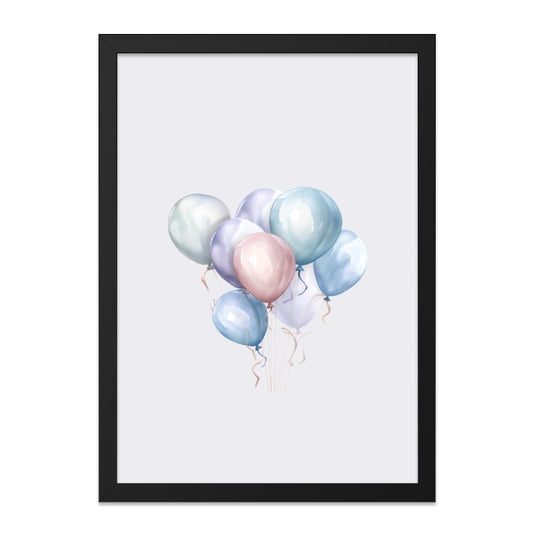 Balloon Framed Wall Art, Pastel Colors Print, Nursery Decor, Party Decoration, Watercolor Painting, Childrens Room, Black Frame, Modern Art - Tawshia