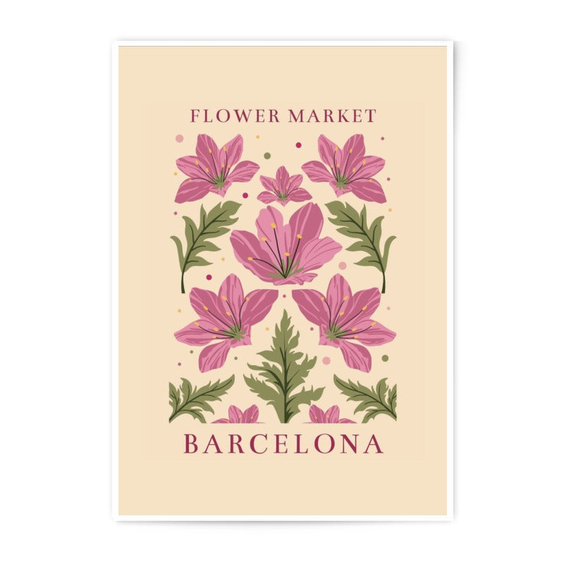 Flower Market Barcelona Photographic Print, Floral Botanical Art, Pink Flower Illustration, Europe Travel Poster, Botanical Home Decor - Tawshia