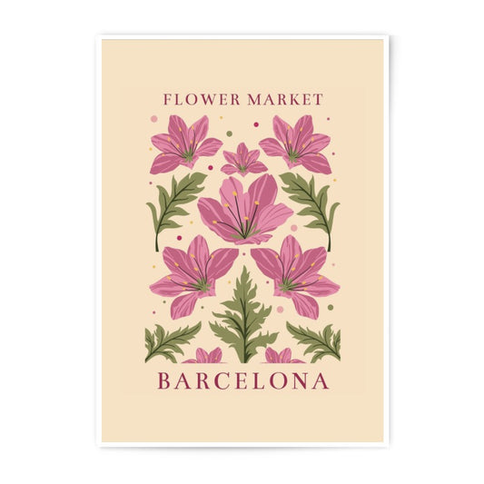 Flower Market Barcelona Photographic Print, Floral Botanical Art, Pink Flower Illustration, Europe Travel Poster, Botanical Home Decor - Tawshia