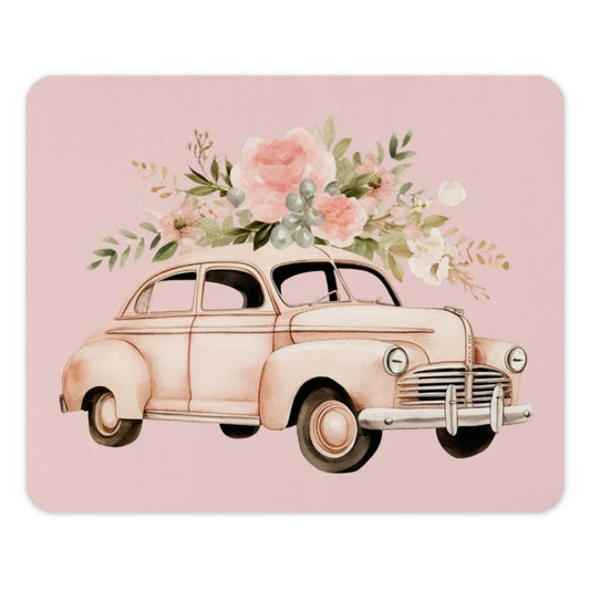 Pink Vintage Car Mouse Pad, Floral Bouquet Mousepad, Cute Car Mouse Pad, Aesthetic Desk Decor, Gift for Her, Office Desk Accessory - Tawshia