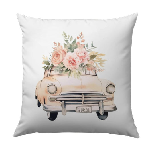 Floral Car Pillow, Vintage Car Art, Flower Power Decor, Automotive Decor, Classic Car Gift, Trendy Decorative Pillow - Tawshia
