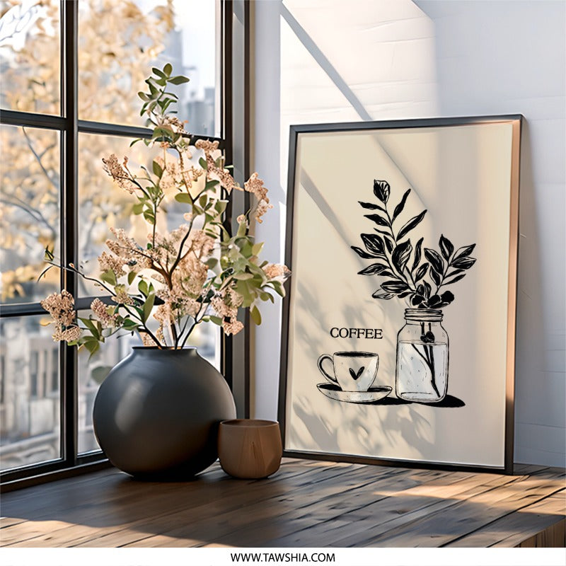 Coffee and Floral Wall Art, Kitchen Decor Print, Minimalist Home Wall Decor, Coffee Cup Print, Coffee Lover Gift, Modern Art Print - Tawshia