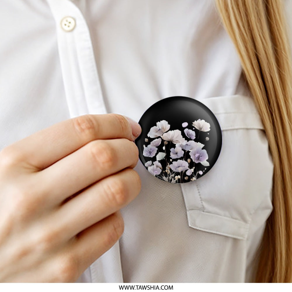 Floral Pinback Button, White Flowers, Black Background, Aesthetic Button, Elegant Pin, Gift Idea, Flower Lover Gift, Trendy Button - Tawshia
