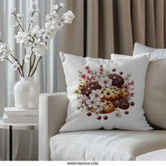 Cookies and Flowers Pillow, Chocolate Chip Cookie Art, Cute Food Pillow, Home Decor Pillow, Gift For Baker, Unique Pillow Design - Tawshia