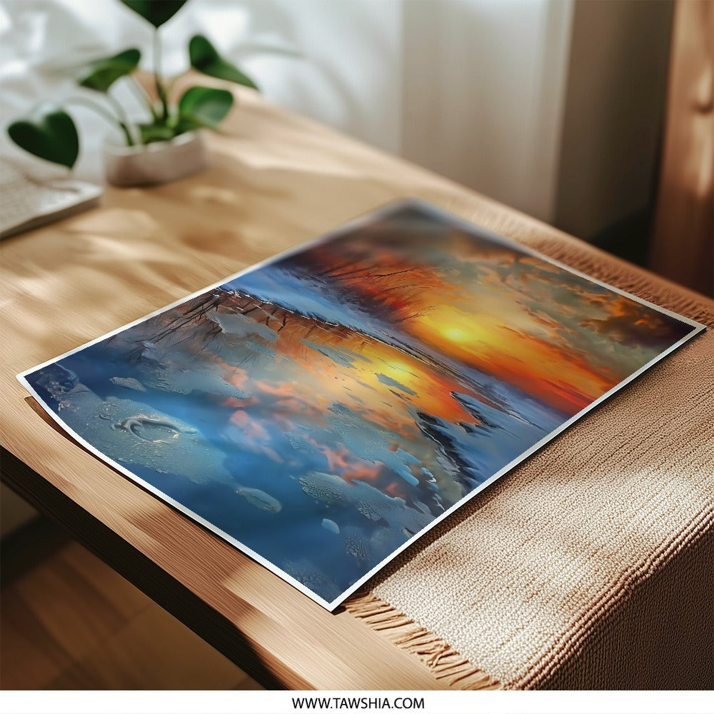 Winter Sunset Photographic Print, Frozen River Art, Colorful Sky Reflection, Landscape Photography, Home Decor, Wall Art, Nature Print - Tawshia