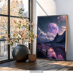 Purple Moon Mountain Lake Wall Art, Fantasy Landscape Print, Dreamy Home Decor, Celestial Artwork, Unique Gift Idea - Tawshia