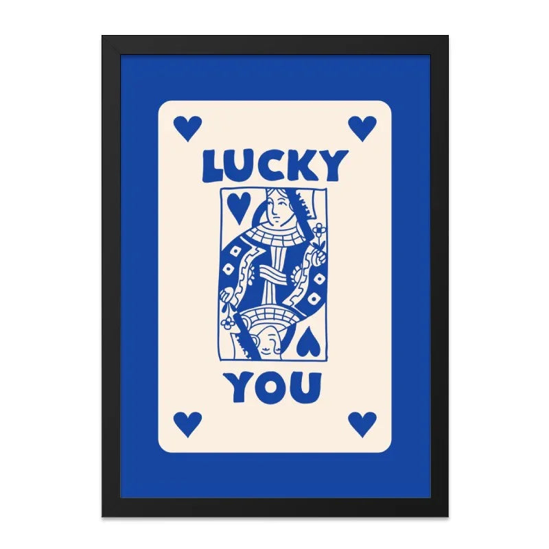 Lucky You Wall Art, Queen of Hearts Print, Playing Card Art, Blue and Cream Decor, Unique Wall Decor, Minimalist Art - Tawshia