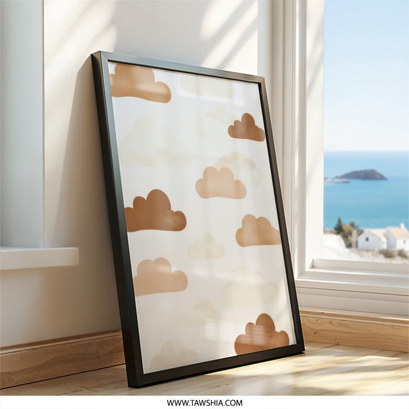 Brown Clouds Wall Art, Nursery Decor, Dreamy Sky Print, Kids Room Art, Cute Cloud Illustration, Whimsical Wall Hanging, Modern Wall Decor - Tawshia