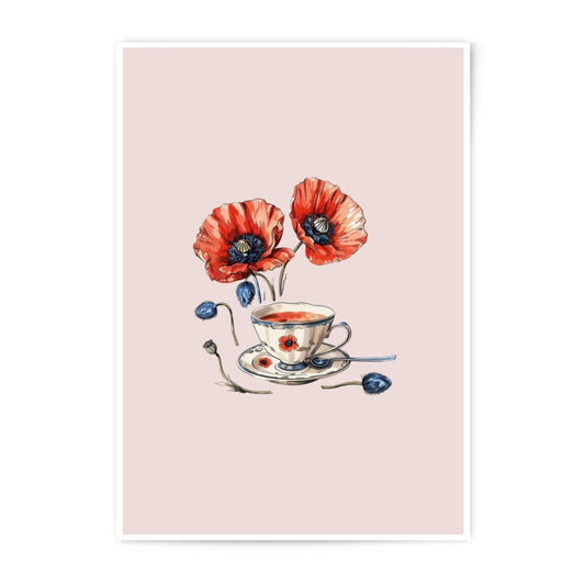Poppy Photographic Print, Teacup Art, Floral Wall Decor, Red Flowers, Still Life Print, Kitchen Art, Botanical Illustration - Tawshia