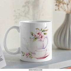 Floral Teapot Mug, Watercolor Tea Cup, Unique Flower Mug, Gift for Tea Lover, Elegant Drinkware, Botanical Mug Design - Tawshia