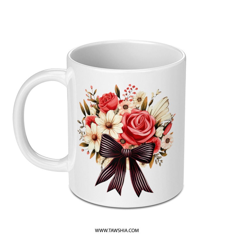 Floral Bouquet Mug, Red Rose Mug, Flower Mug, Elegant Mug, Bow Mug, Gift Mug, Decorative Mug, Coffee Mug, Tea Mug, Unique Mug - Tawshia