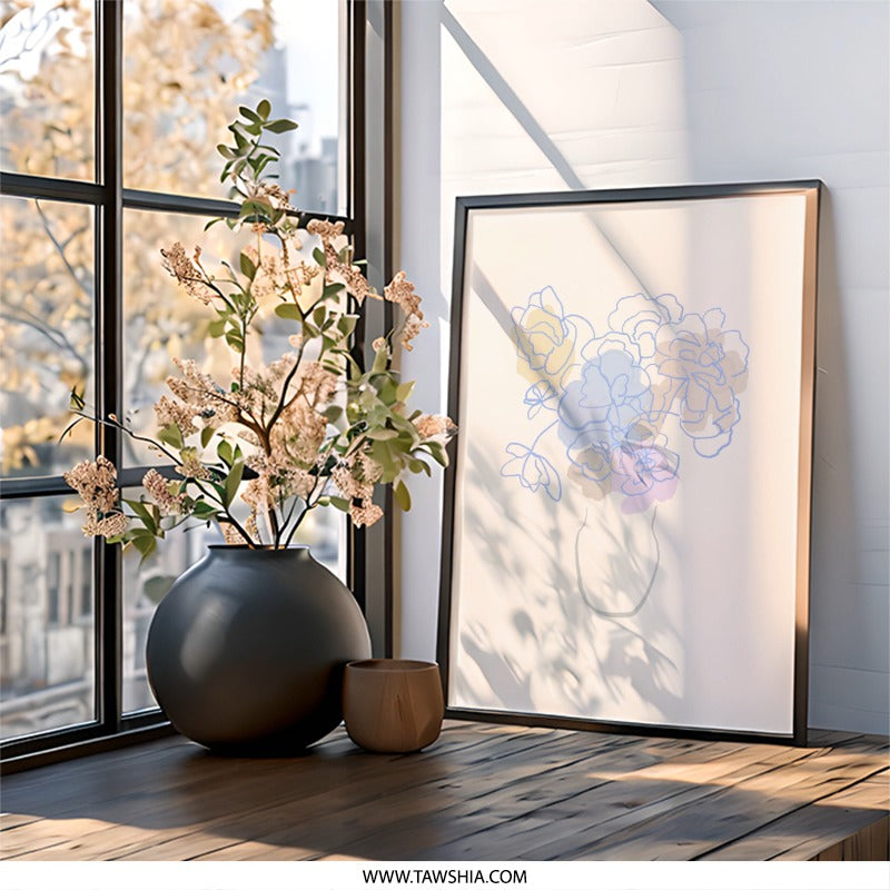 Abstract Floral Wall Art, Pastel Flower Print, Minimalist Vase Art, Modern Home Decor, Line Art Flowers, Trendy Wall Hanging - Tawshia