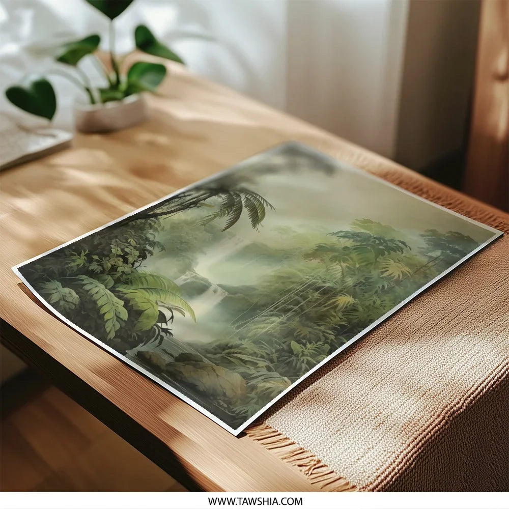 Lush Waterfall Photographic Print, Tropical Rainforest Art, Jungle Landscape Photography, Serene Nature Scene, Exotic Wall Decor - Tawshia