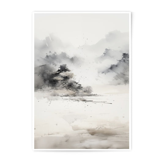 Sumi e Photographic Print, Asian Ink Wash Art Print, Minimalist Landscape Wall Decor, Zen Inspired Artwork, Calm Serene Home Decor - Tawshia