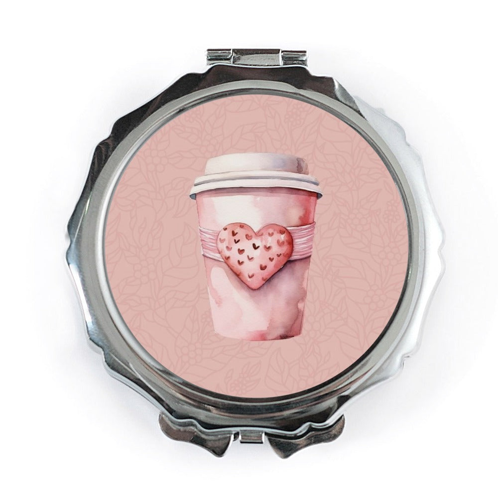 Pink Coffee Pocket Mirror, Heart Coffee Mirror, Cute Valentine Mirror, Travel Pocket Mirror, Gift for Coffee Lover, Pocket Mirror - Tawshia