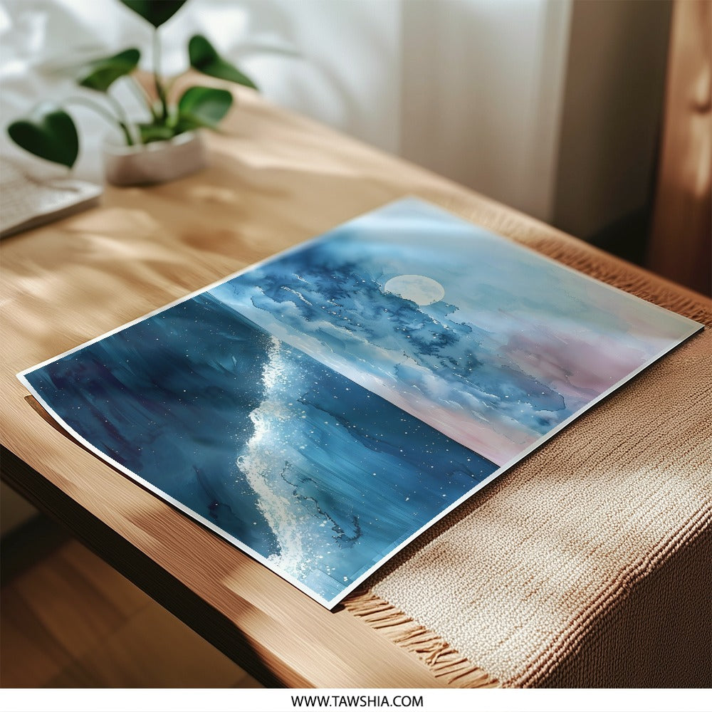 Moonlight Wave Photographic Print, Ocean Art, Night Sky Art, Beach Decor, Wall Art, Home Decor - Tawshia