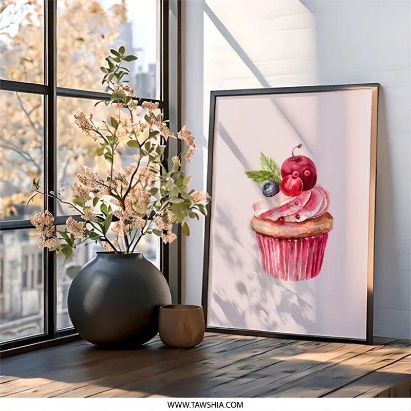 Cupcake Wall Art, Watercolor Cupcake Print, Cherry Cupcake Art, Dessert Wall Decor, Food Art Print, Kitchen Art, Sweet Treat Wall Art - Tawshia
