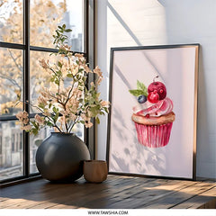 Cupcake Wall Art, Watercolor Cupcake Print, Cherry Cupcake Art, Dessert Wall Decor, Food Art Print, Kitchen Art, Sweet Treat Wall Art - Tawshia